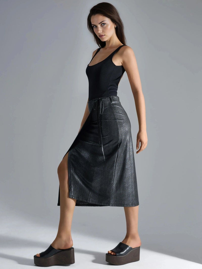 BUSEM Faux Leather Midi Skirt with Bow Detail - Image 2